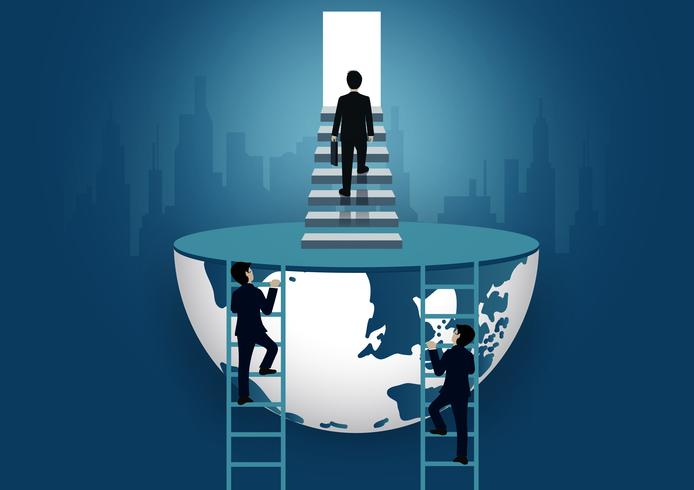 Ondernemers lopen de trap op naar de deur. stap op de ladder naar succesdoel in het leven en vooruitgang in de baan. van de hoogste organisatie. bedrijfsfinanciën concept. icoon. wereld vector illustratie