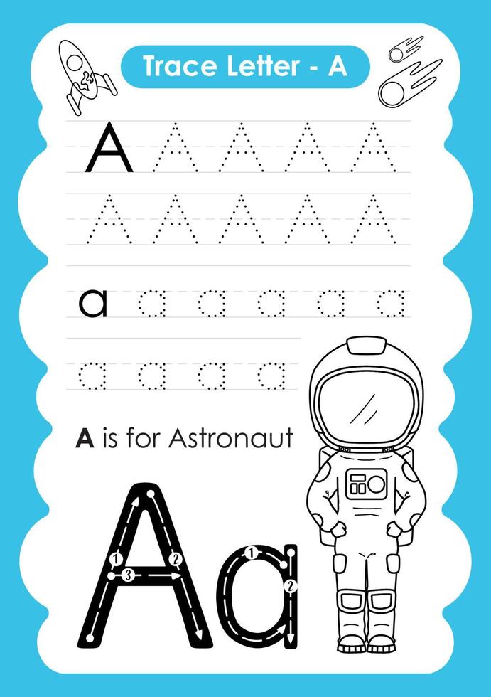 alfabet traceer letter a tot z voorschoolse werkblad met de letter a astronaut vector