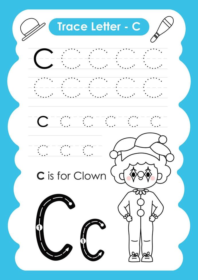 alfabet trace letter a tot z voorschoolse werkblad met de letter c clown vector