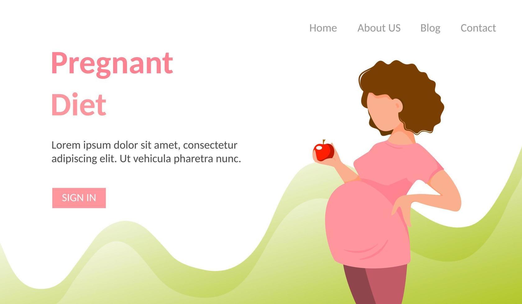 zwangerschap dieet banner. schattige cartoon zwangere vrouw in broek en t-shirt houdt rode appel in haar hand. vlakke stijl. gezond voedingsconcept tijdens de zwangerschap. vector illustratie