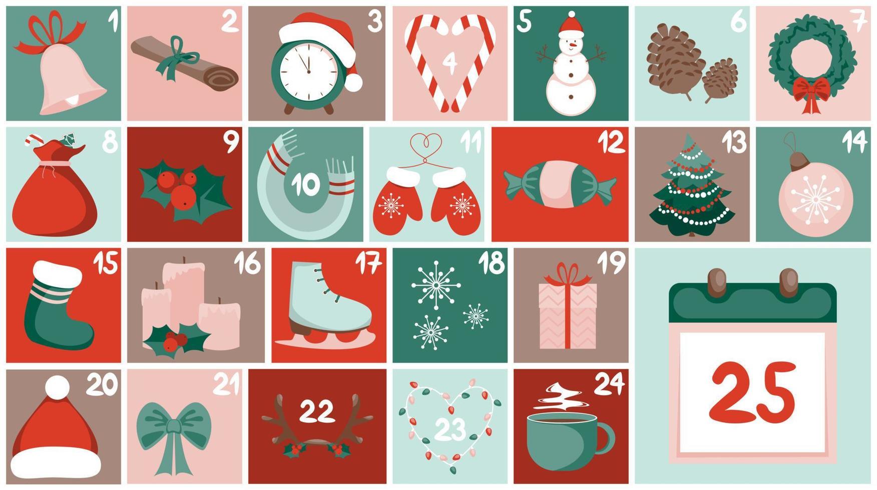 kerst adventskalender voor 25 dagen december. Kerst vector poster.