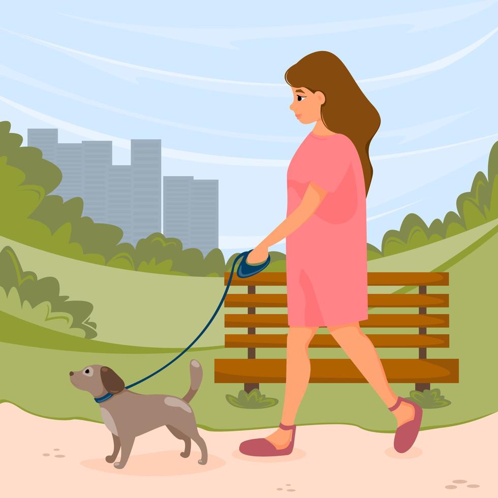 meisje in jurk wandelen met hond aangelijnd in zomer park. vectorillustratie. vector