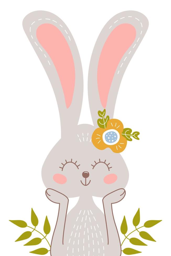 konijn en bloemen. vectorillustratie met schattige lachende konijntje. vector