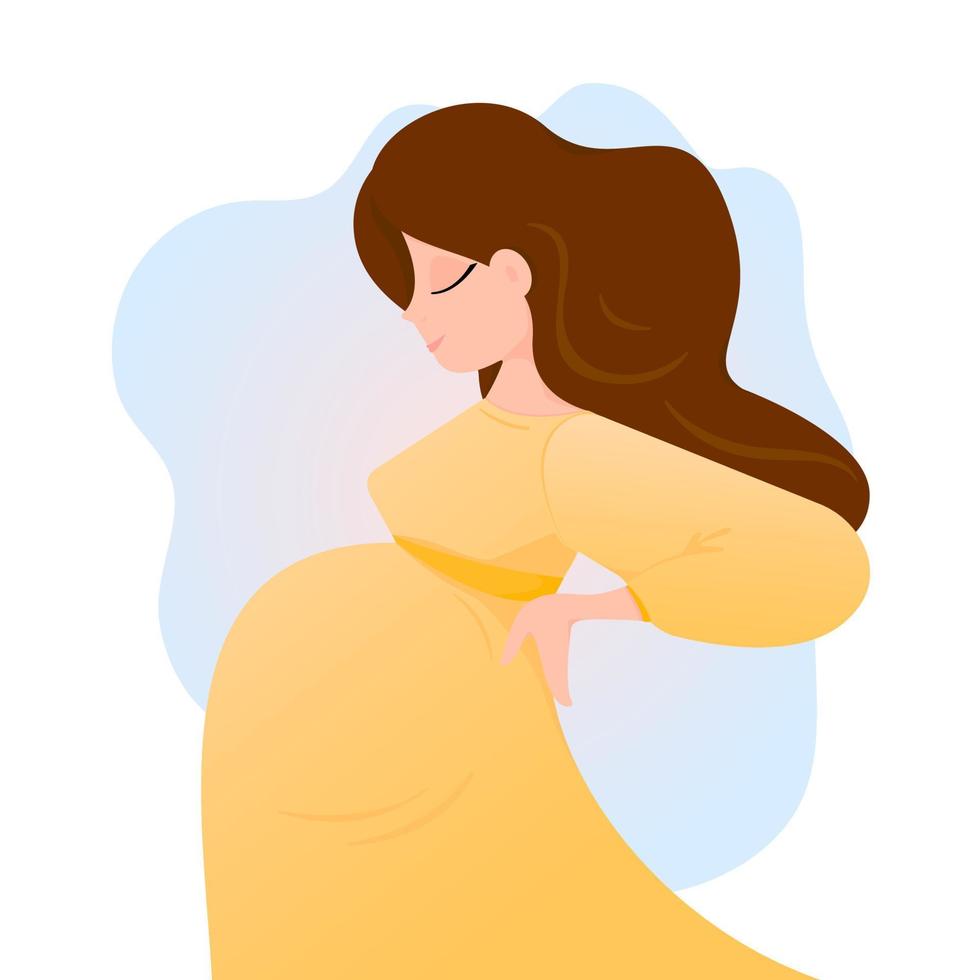 zwangere vrouw die op een baby wacht. vectorillustratie. toekomstige moeder is zijwaarts. zwangerschap, dikke buik. moederschap. vector