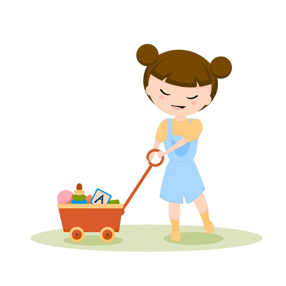 een klein meisje in een spijkerbroek en twee bosjes op haar hoofd lacht en draagt een karretje met haar speelgoed. vectorillustratie. vector