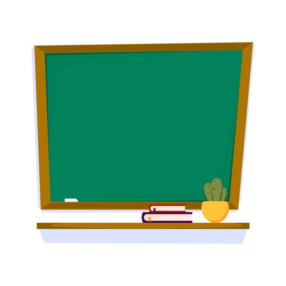 leuke cartoon groene schoolbord. schoolconcept, krijt, boeken, cactus in pot. vectorillustratie met vlakke stijl. vector
