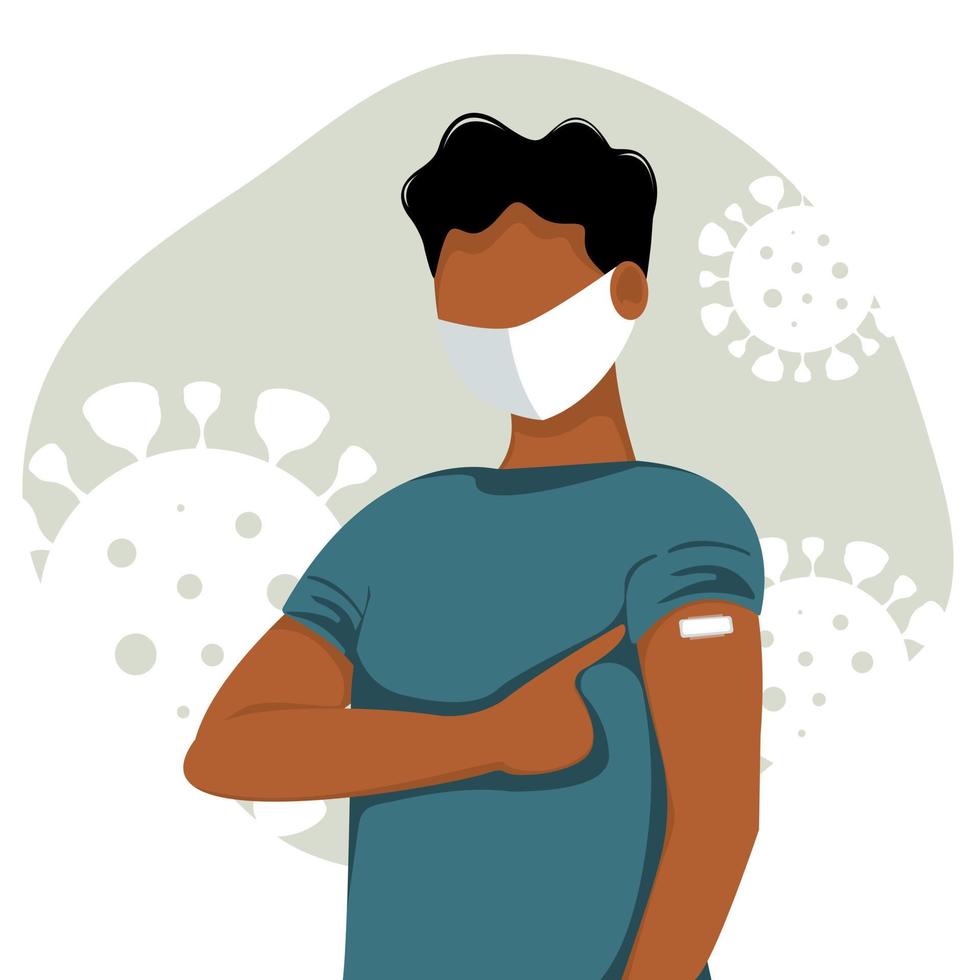 gevaccineerde man met donkere huid die bij de arm laat zien. concept van vaccinatie, gezondheid, de verspreiding van het vaccin, gezondheidszorg, oproep tot strijd tegen het coronavirus. kleurrijke vectorillustratie in vlakke stijl. vector