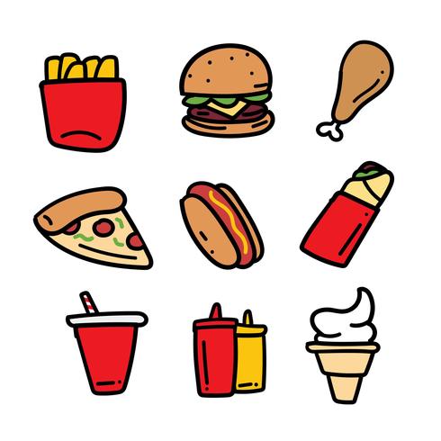 Handgetekende Fast Food Doodle Set vector