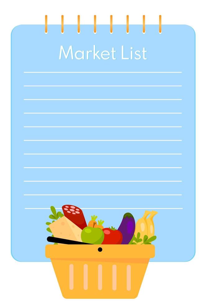 boodschappenlijst. checklist voedselplanning voor de markt. concept kopen in de supermarkt. vector