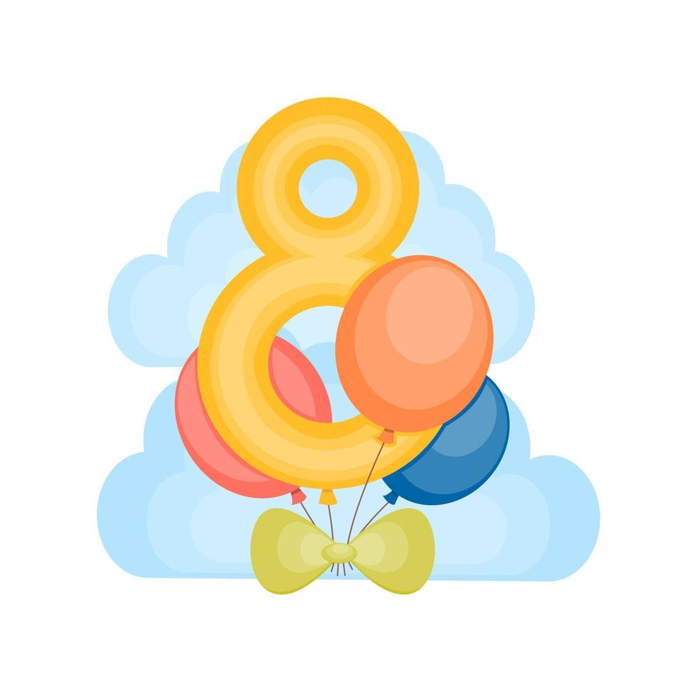 Uitnodiging voor 8 jaar verjaardagsfeestje met ballonnen. wenskaart 8e verjaardag viering sjabloon. vectorillustratie. vector
