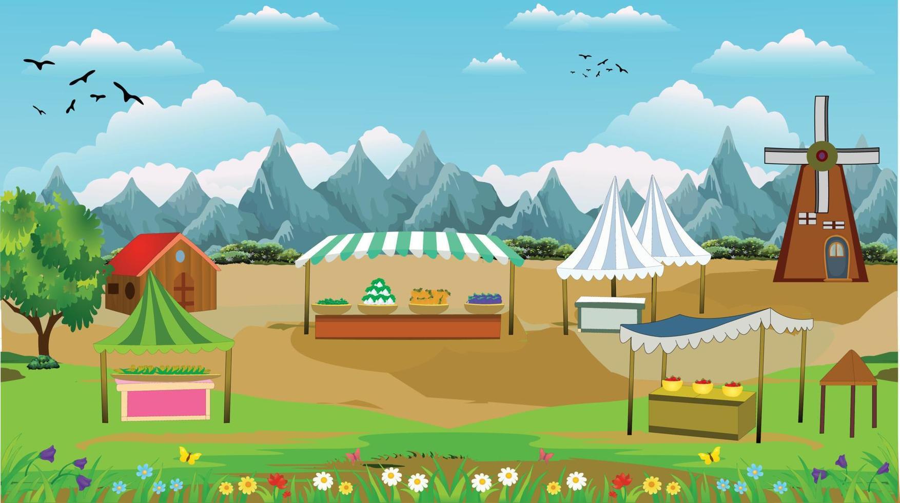 dorp festival cartoon achtergrond in landschap weergave vector illustratie kunst.