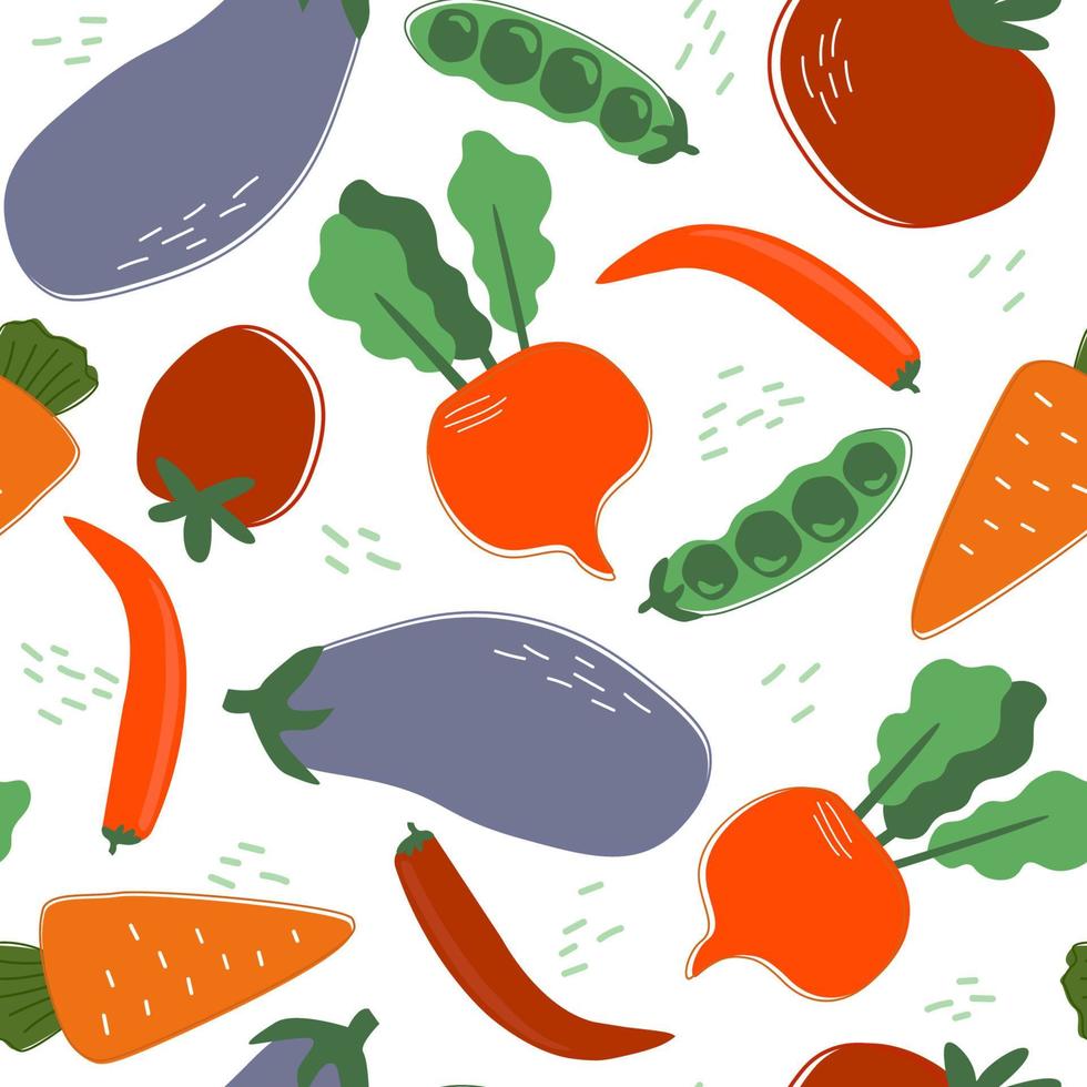 naadloos patroon met wortelen en tomaten, aubergines, bieten, erwten. print met een groente voor goede veganistische voeding. vectorafbeeldingen. vector