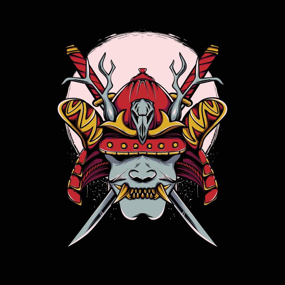 oni masker met Japanse samoerai helm met maan en katana zwaard illustratie vector