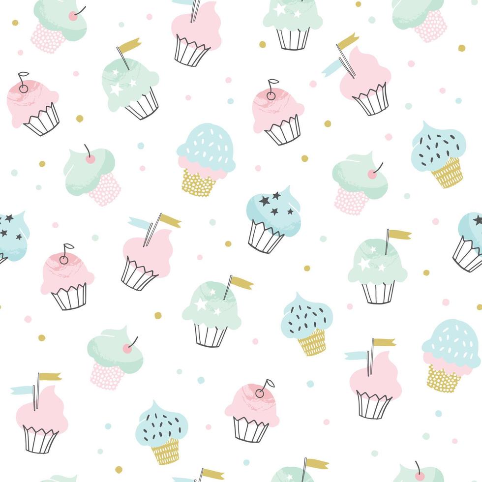 cupcake vector patroon met confetti hagelslag. hand getekende schattige cupcakes naadloze achtergrond voor feest, verjaardag, wenskaarten, cadeaupapier.