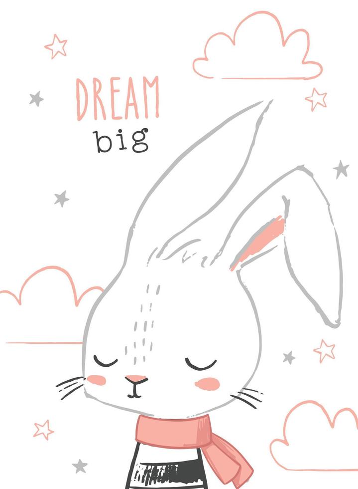 droom groot kleintje. schattig konijntje met een sjaal, wolken en sterren. meisje en jongen babydouche. ontwerp voor baby, kinderposter, kunst aan de muur van de kinderkamer, kaart, uitnodiging. vector