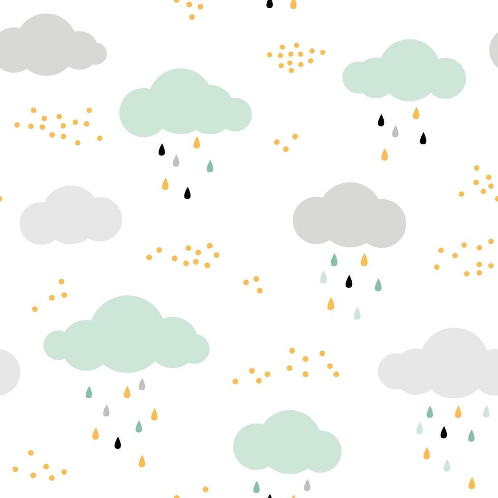 schattig naadloos patroon met wolken, regendruppels en stippen. vector achtergrond in mint, geel, grijs en zwart.