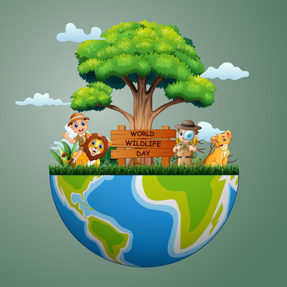 World Wildlife Day-bord met dierenverzorgersjongens en leeuw vector