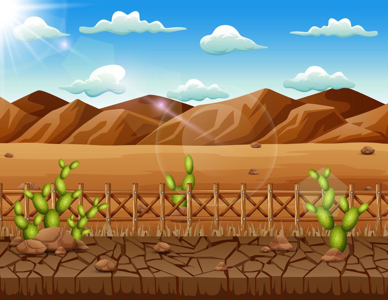 achtergrondscène met cactus en droog land in de woestijn vector