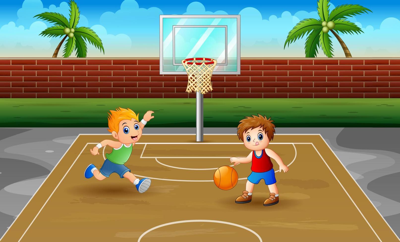 kinderen die basketbal spelen bij de hofillustratie vector