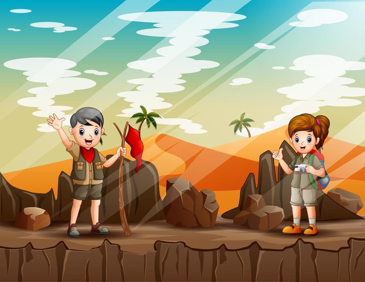tekenfilm de ontdekkingsreiziger kinderen lopen op de rotsachtige berg vector