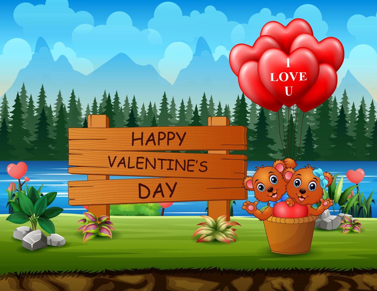 happy Valentijnsdag bord met paar beer en hart ballonnen vector