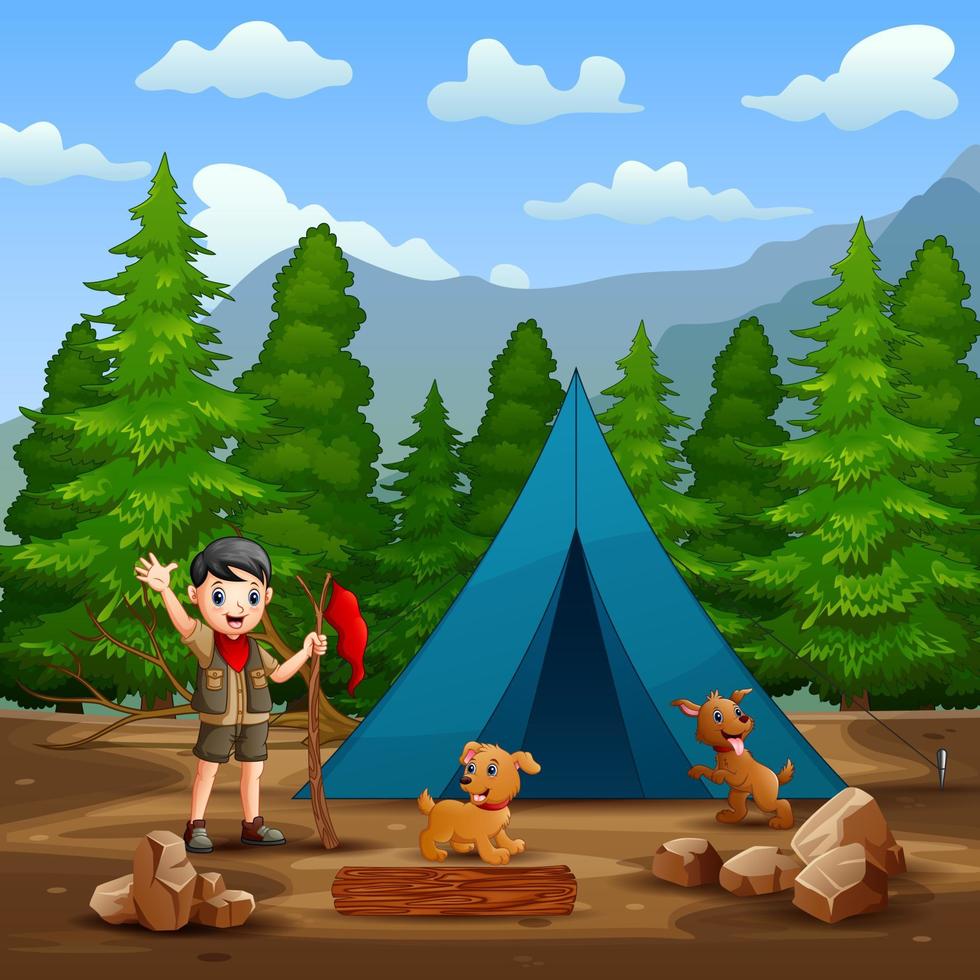 een scoutsjongen en honden voor de tent vector