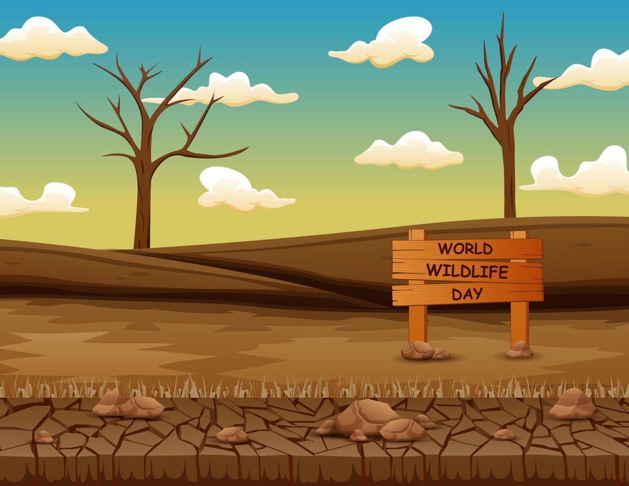 World Wildlife Day bord met dode bomen op het droge land vector