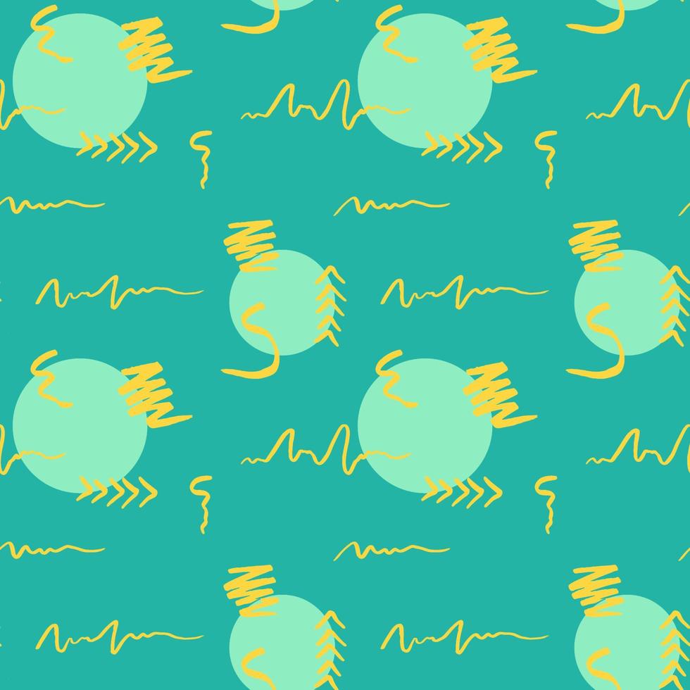 handgetekende penseelstreek en cirkel naadloos patroon. Memphis stijl patroon. abstracte achtergrond. gele en turquoise kleur. vector