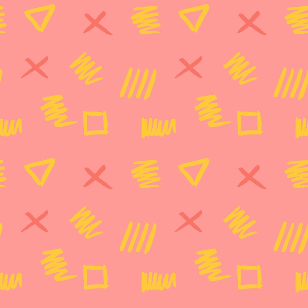 handgetekende penseelstreek naadloze patroon. Memphis stijl patroon. abstracte achtergrond. geel en koraal kleur. vector