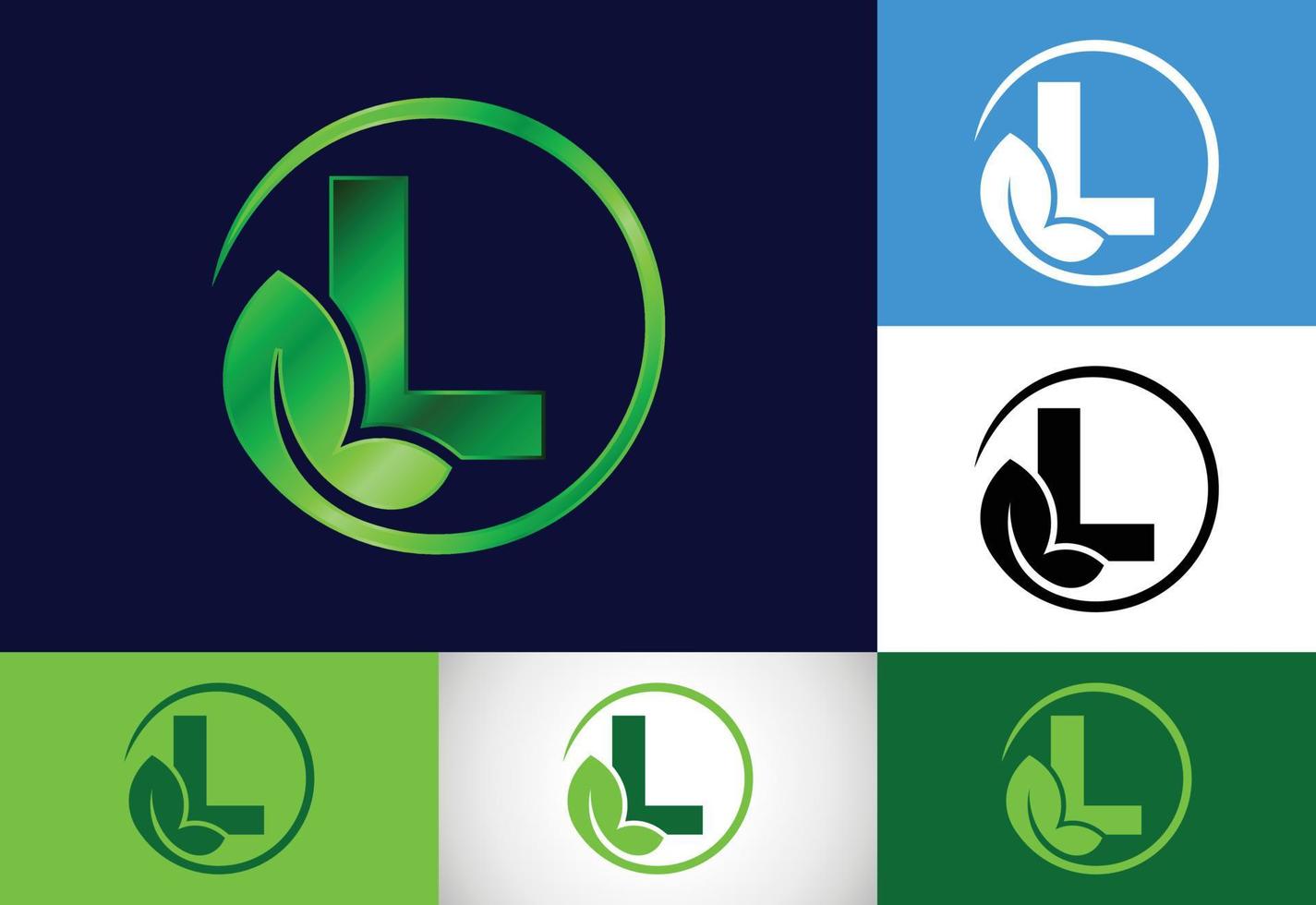 eerste l monogram alfabet met blad. milieuvriendelijk logo-concept. lettertype embleem. modern vectorlogo voor ecologische bedrijfs- en bedrijfsidentiteit vector