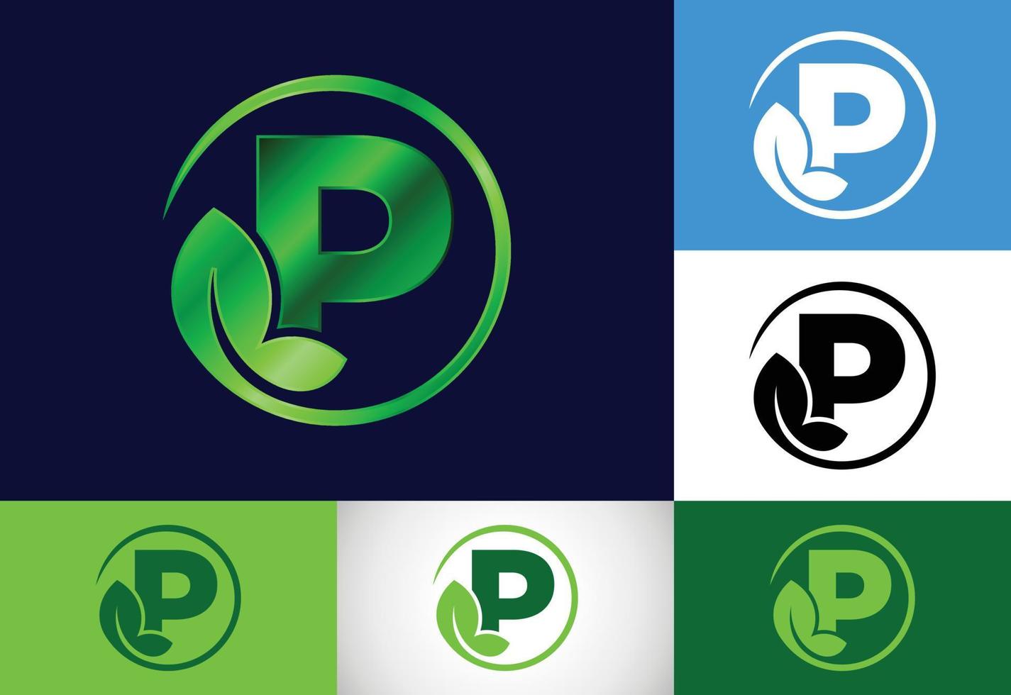 eerste p monogram alfabet met blad. milieuvriendelijk logo-concept. lettertype embleem. modern vectorlogo voor ecologische bedrijfs- en bedrijfsidentiteit vector