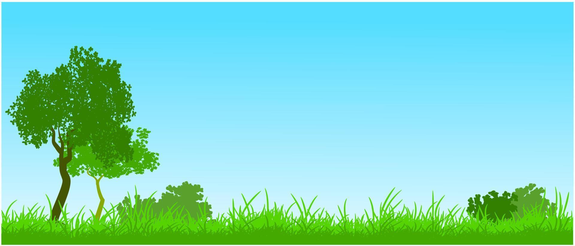 gras silhouet landschapsachtergrond, groen grasveld, grasstruik en boomlandschap vector