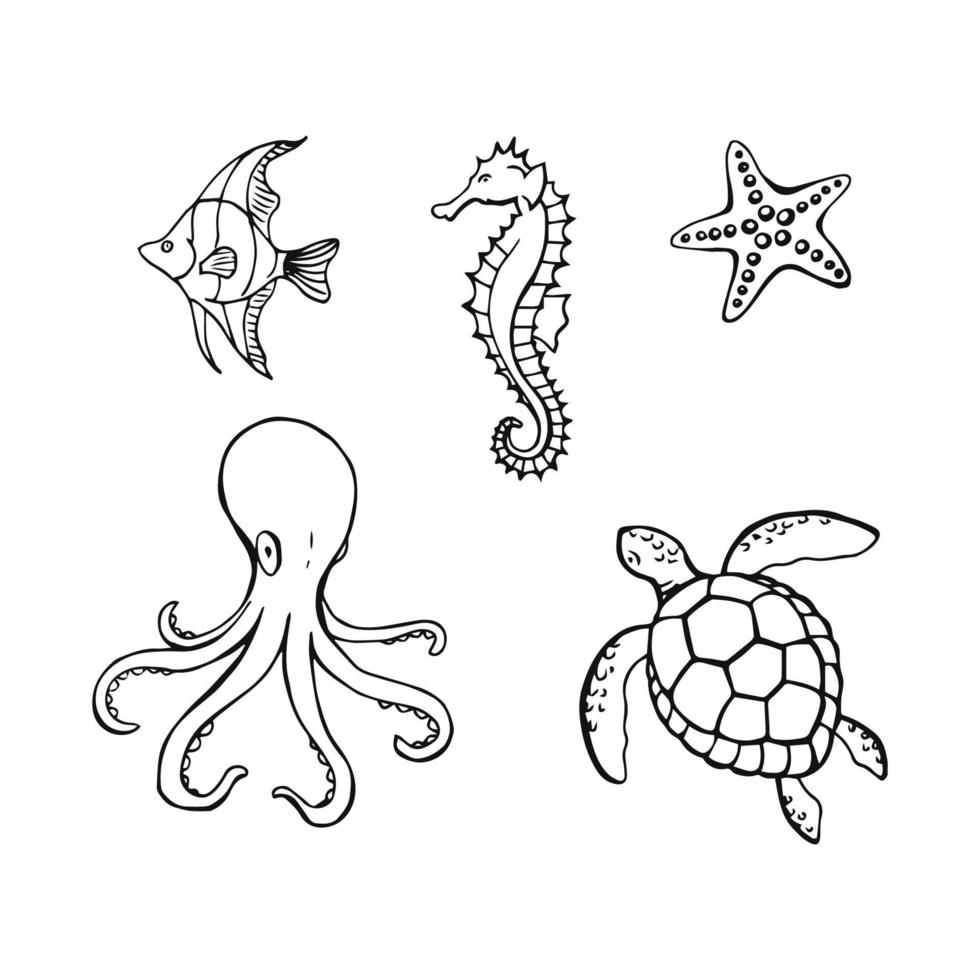 zee of oceaan onderwaterleven met verschillende dieren. handgetekende illustratie geconverteerd naar vector. vector