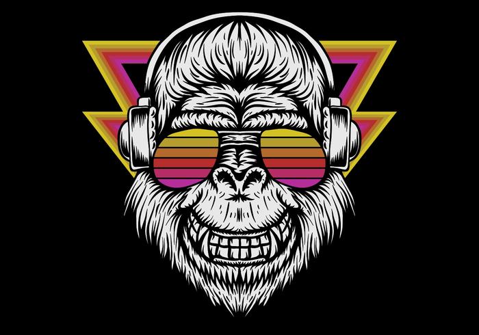 retro gorilla hoofdtelefoon dragen vector