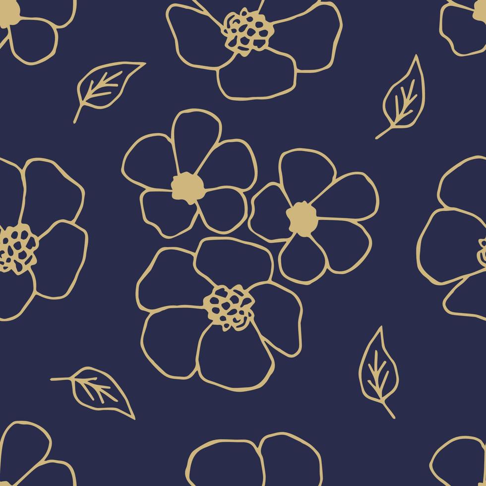 eenvoudig bloemen vector naadloos patroon. lichtbeige omtrek van bloemen, kleine blaadjes op een donkerblauwe achtergrond. voor prints van stof, textielproducten, behang, kleding, beddengoed.