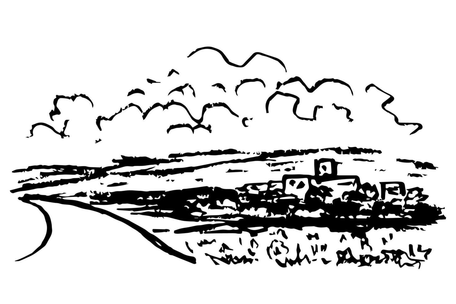 eenvoudige vectortekening van houtskoolpotlood. natuur, landschap, voorstedelijke weg, platteland. silhouet van bergen, wolken. zwart-wit schets. vector