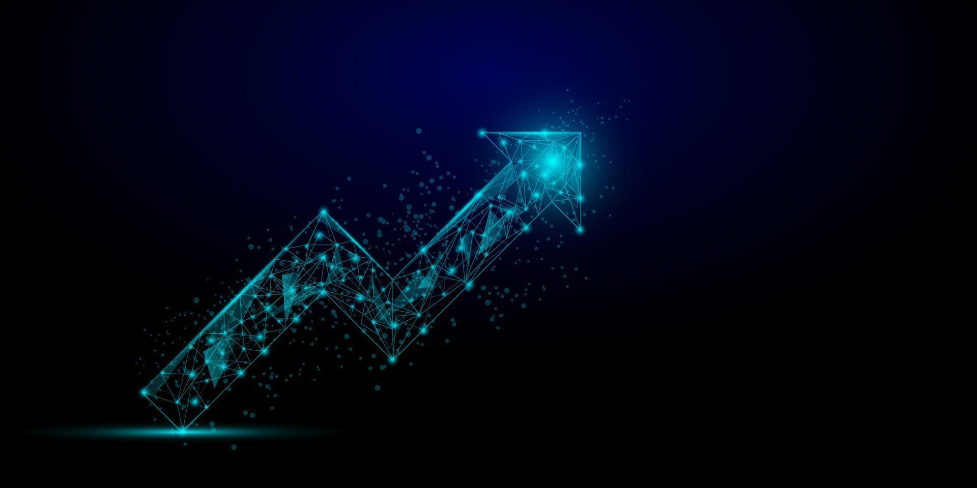 voorraad en investeringsconcept. een lage veelhoek met een draadframe van de bovenste pijl en glanzend op een donkere achtergrond. burish markt, winst van rijkdom, hoog risico hoog rendement, zakelijke groei omhoog. vector