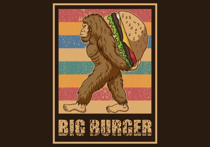 Retro Bigfoot Holding Hamburger vector