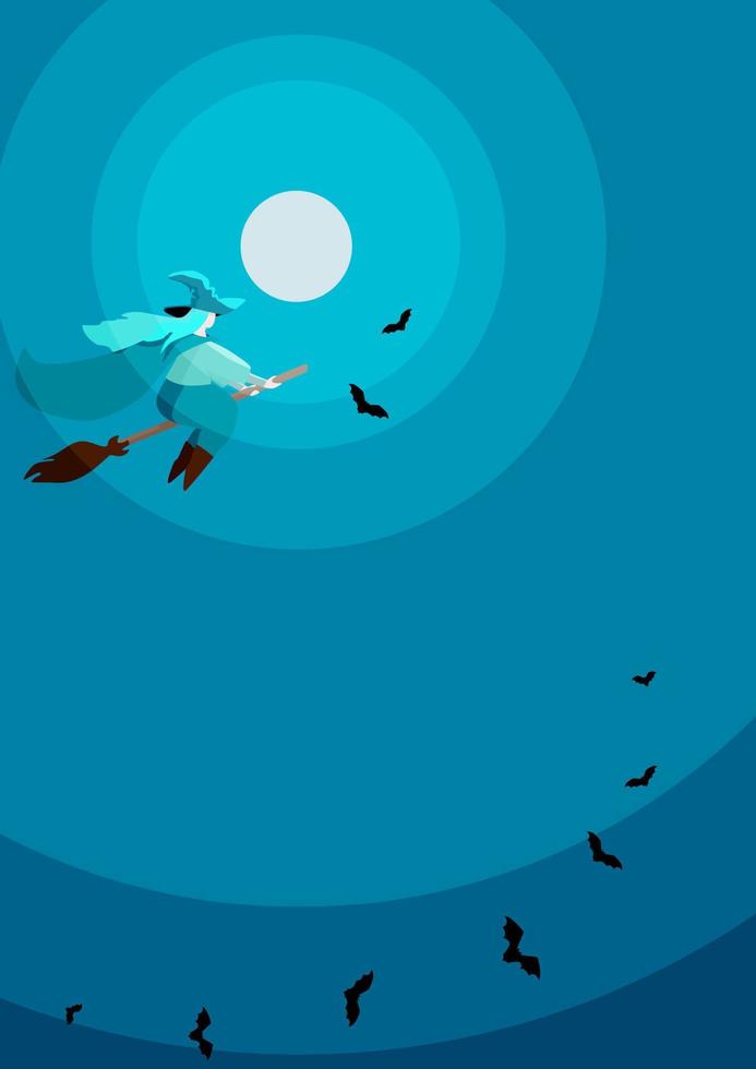 Halloween-posterontwerpsjabloon met een vliegende heks, volle maan en vleermuizen in blauwe en oranje kleuren. ruimte kopiëren. vlakke stijl vectorillustratie. vector