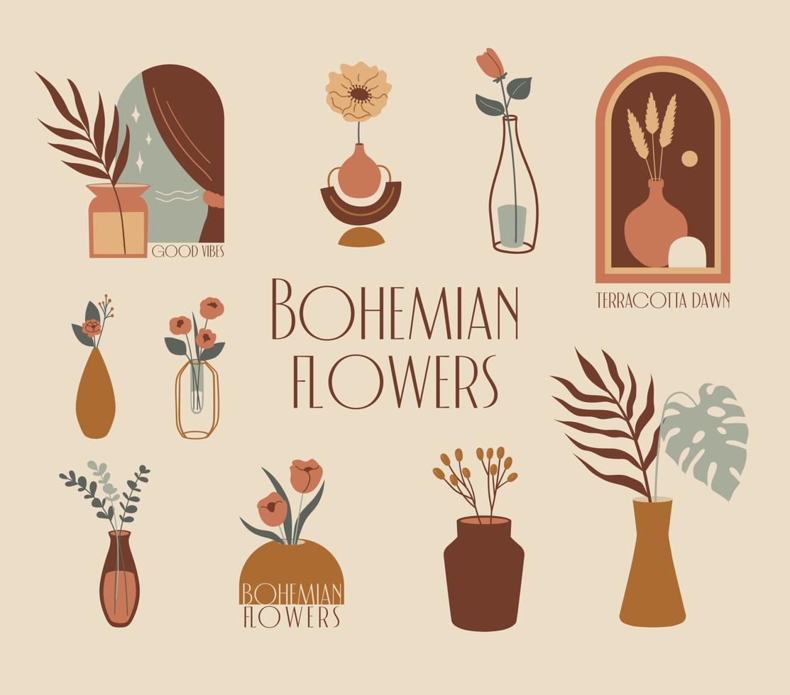 vector Boheemse bloemen in een vaas. abstracte moderne minimalistische set. platte esthetische illustraties