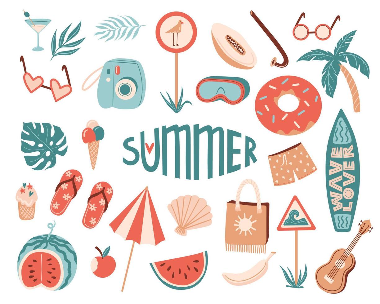 vector zomerset met zomerartikelen, paraplu, snorkelmasker en snorkel, surfplank, slippers, ijs, ukelele, exotisch fruit. doodle cartoon illustratie