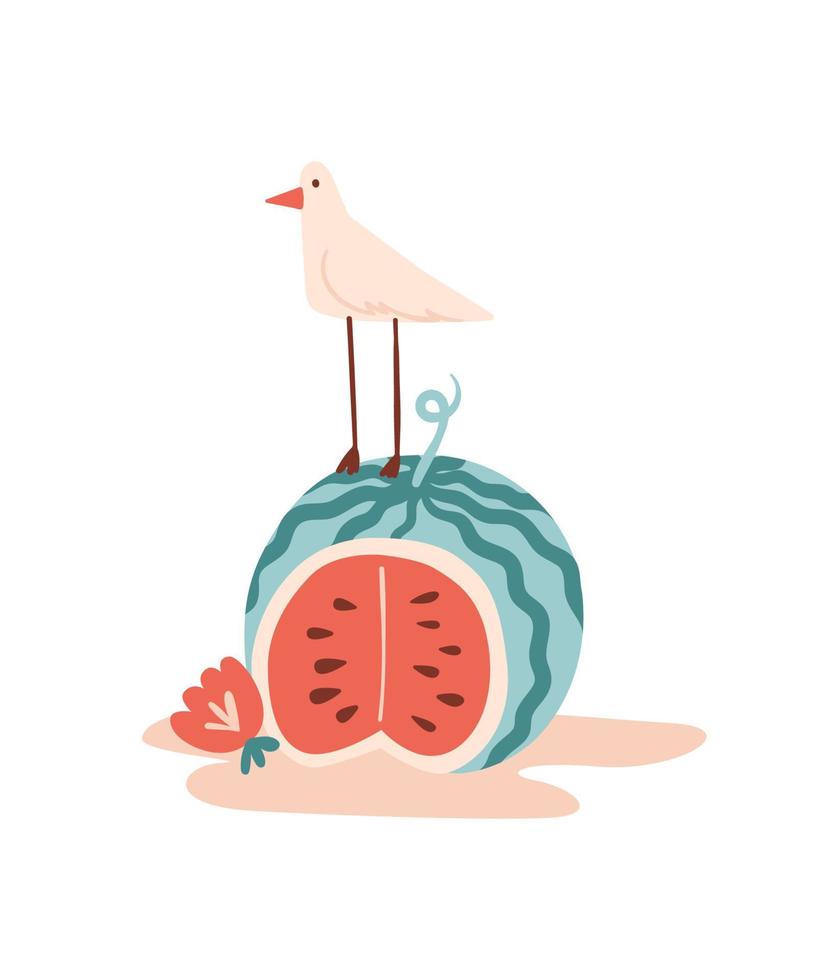 vector zomer cartoon afbeelding met watermeloen, zeemeeuw of vogel en bloem. voor print, poster en kaart.