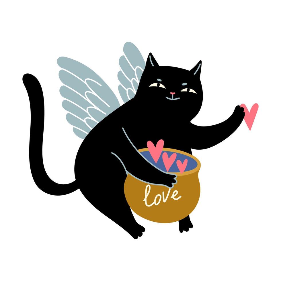 engel cupido zwarte kat met pot met harten vector