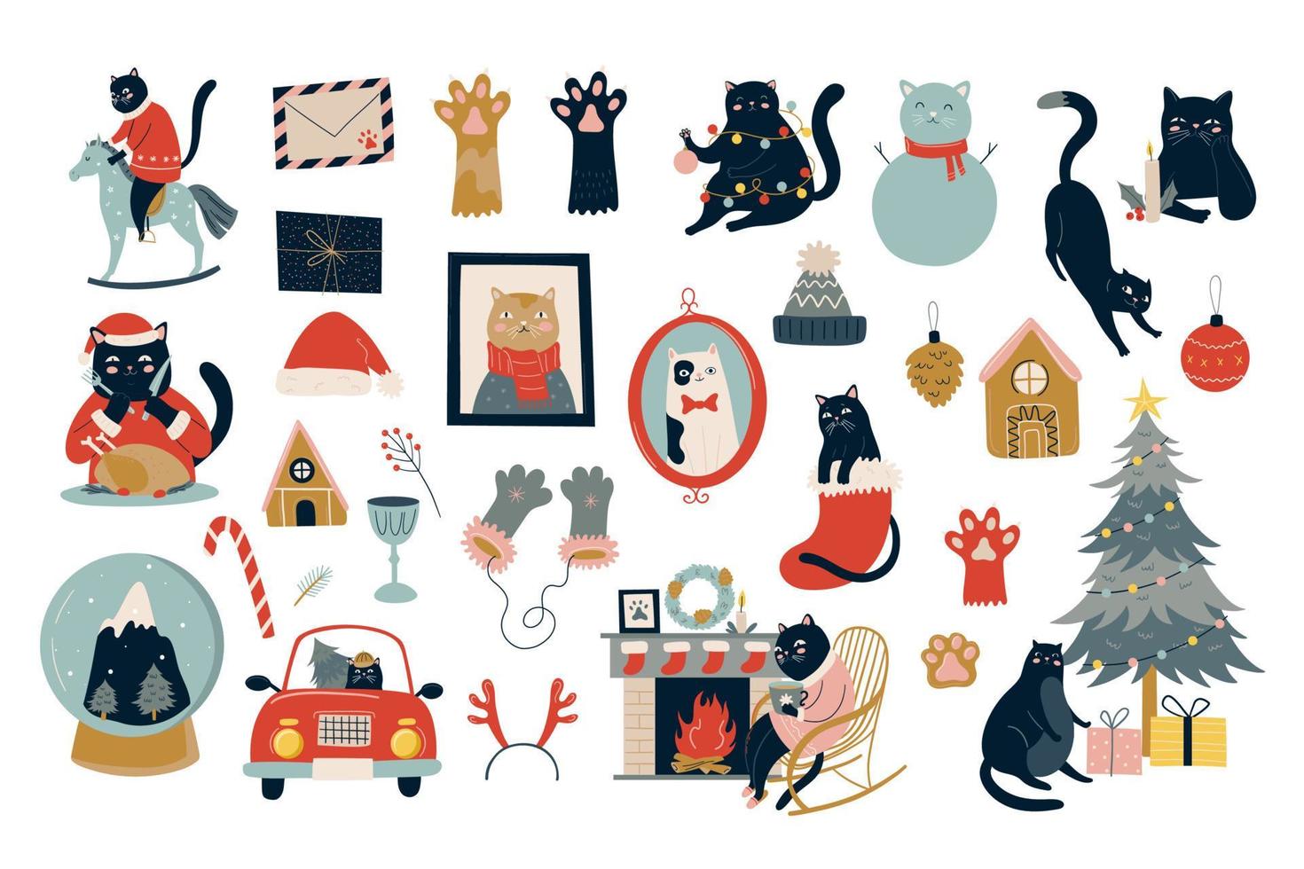 bundel zwarte katten die kerst vieren. nieuwjaarsset met huisdecoraties, krans, cadeau, kaarsen, auto met kerstboom vector