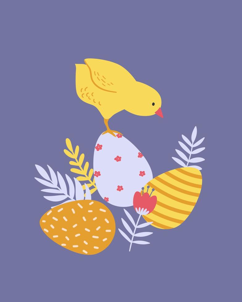 vrolijk pasen poster, print, wenskaart of spandoek met beschilderde eieren, kip, lentebloemen en planten. vector hand getekende illustratie.