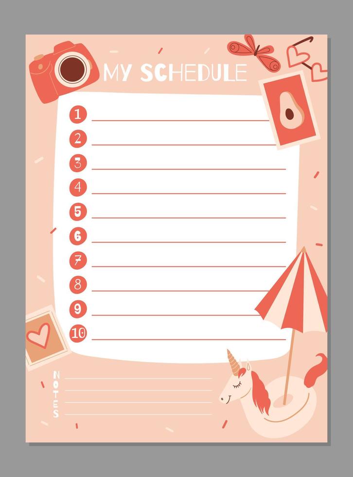 wekelijkse en dagelijkse planner sjabloon. schema met notities en takenlijst met zomeritems. vector illustratie