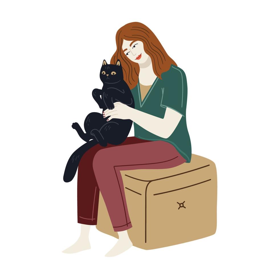 zwarte kat zit op de schoot van het meisje. vector schattig Characterdesign. gelukkige eigenaren van gezelschapsdieren