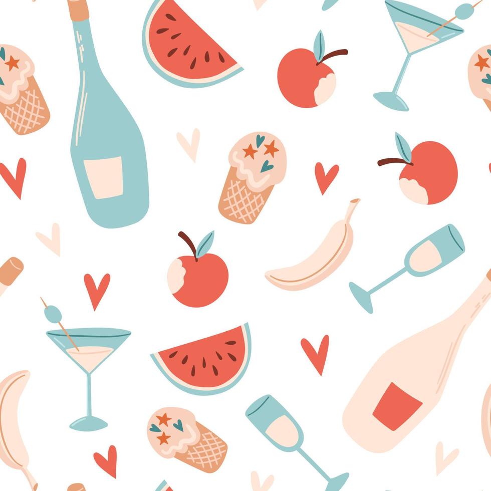 naadloos zomerpatroon met cocktail, appel, fles, watermeloen, ijs, banaan en hart. vectorillustratie voor stof, inpakpapier, behang, textiel, background vector