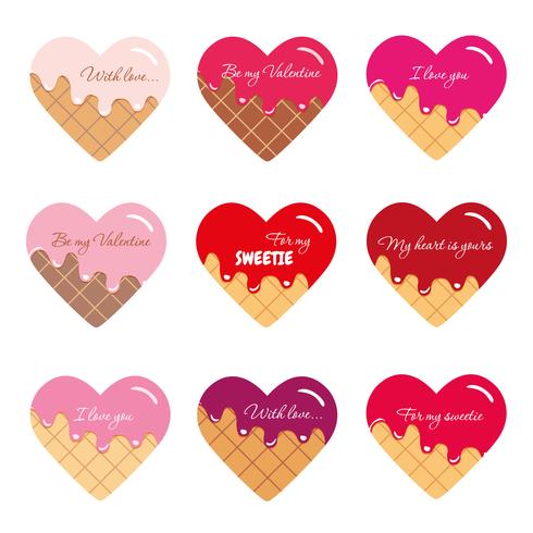 Valentijnsdag stickers. Cartoon harten met voorbeeldtekst. Heldere en pastelkleuren. vector