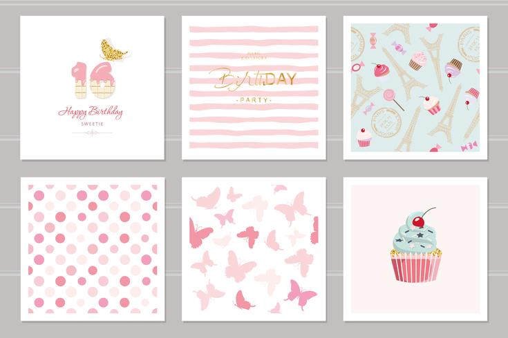 Verjaardagskaarten instellen voor tienermeisjes. Inclusief naadloze patronen in pastelroze. Sweet 16, vlinders, cupcake, stippen, Eiffeltoren, gestript. vector